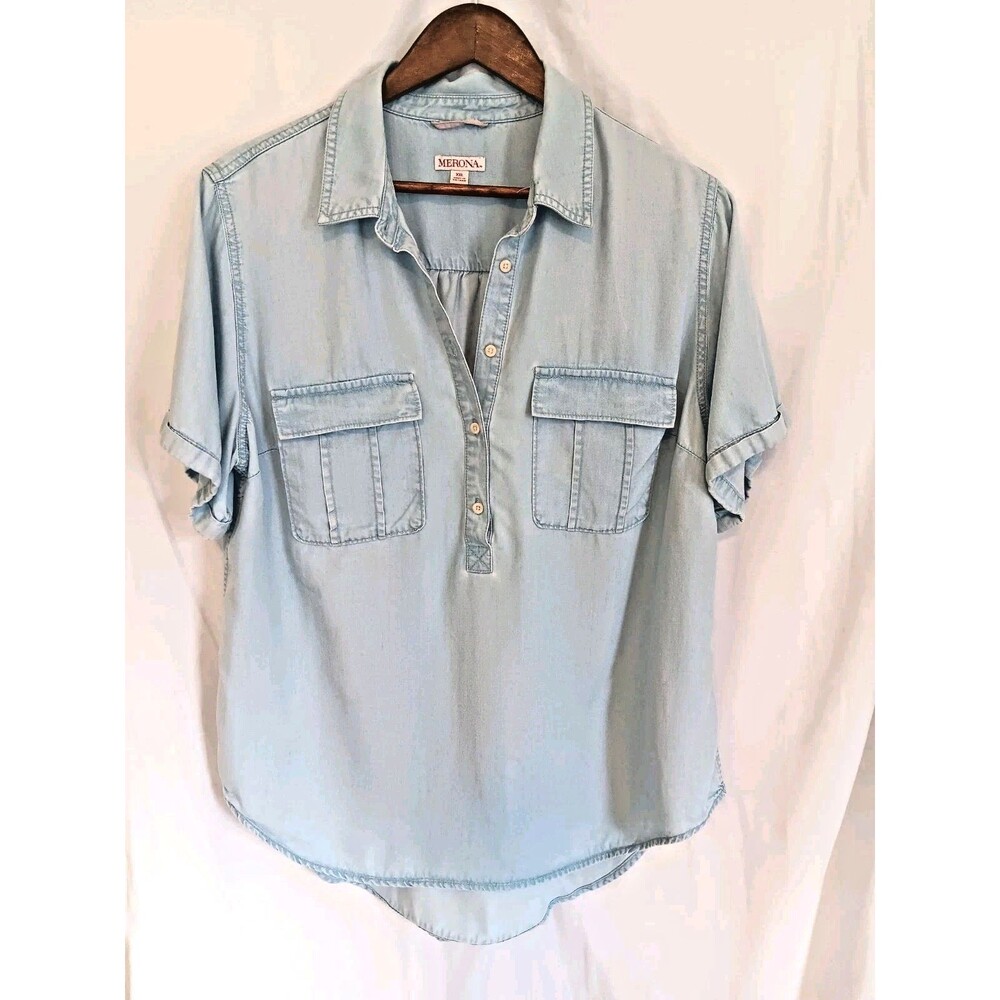 Merona Women XXL Chambray Shirt Light Blue Lyocell Short Sleeve Pullover
